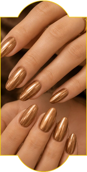 Elegant hands with metallic nails and rings