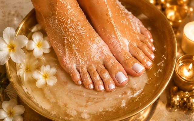 Spa pampering with plumeria and candles